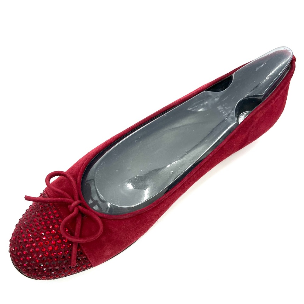 Stuart Weitzman Suede Ballet Flats Sz 8 N Scarlet Bow Rhinestone Bling Slipper
